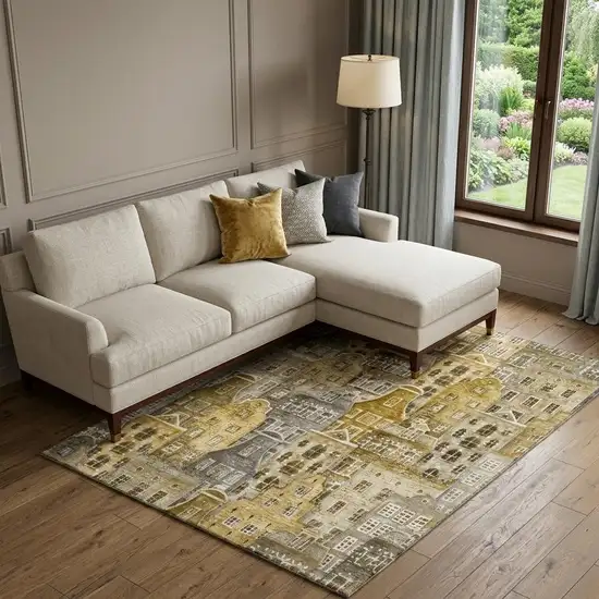 Brown Gray And Ivory Abstract Geometric Washable Area Rug With UV Protection Photo 1