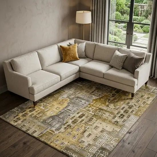 Brown Gray And Ivory Abstract Geometric Washable Area Rug With UV Protection Photo 1