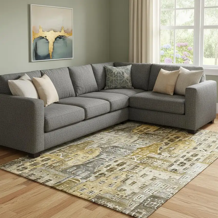 Brown Gray And Ivory Abstract Geometric Washable Area Rug With UV Protection Photo 1