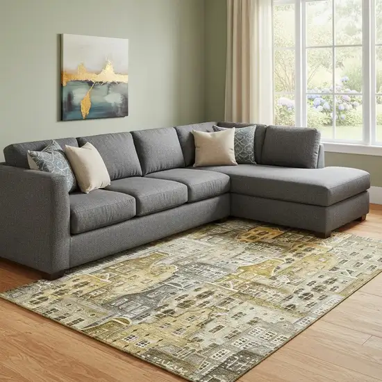 Brown Gray And Ivory Abstract Geometric Washable Area Rug With UV Protection Photo 1