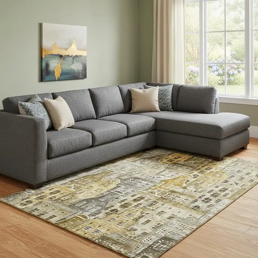 Brown Gray And Ivory Abstract Geometric Washable Area Rug With UV Protection Photo 1