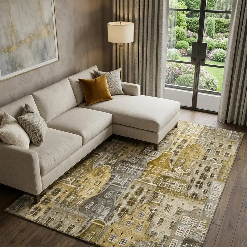 Brown Gray And Ivory Abstract Geometric Washable Area Rug With UV Protection Photo 1