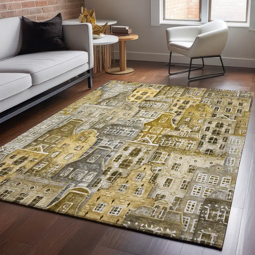 Brown Gray And Ivory Abstract Geometric Washable Area Rug With UV Protection Photo 4