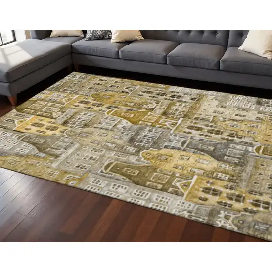 Brown Gray And Ivory Abstract Geometric Washable Area Rug With UV Protection Photo 2