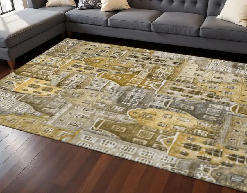 Brown Gray And Ivory Abstract Geometric Washable Area Rug With UV Protection Photo 2