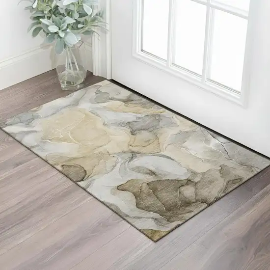 Brown Gray And Ivory Abstract Washable Area Rug With UV Protection Photo 1