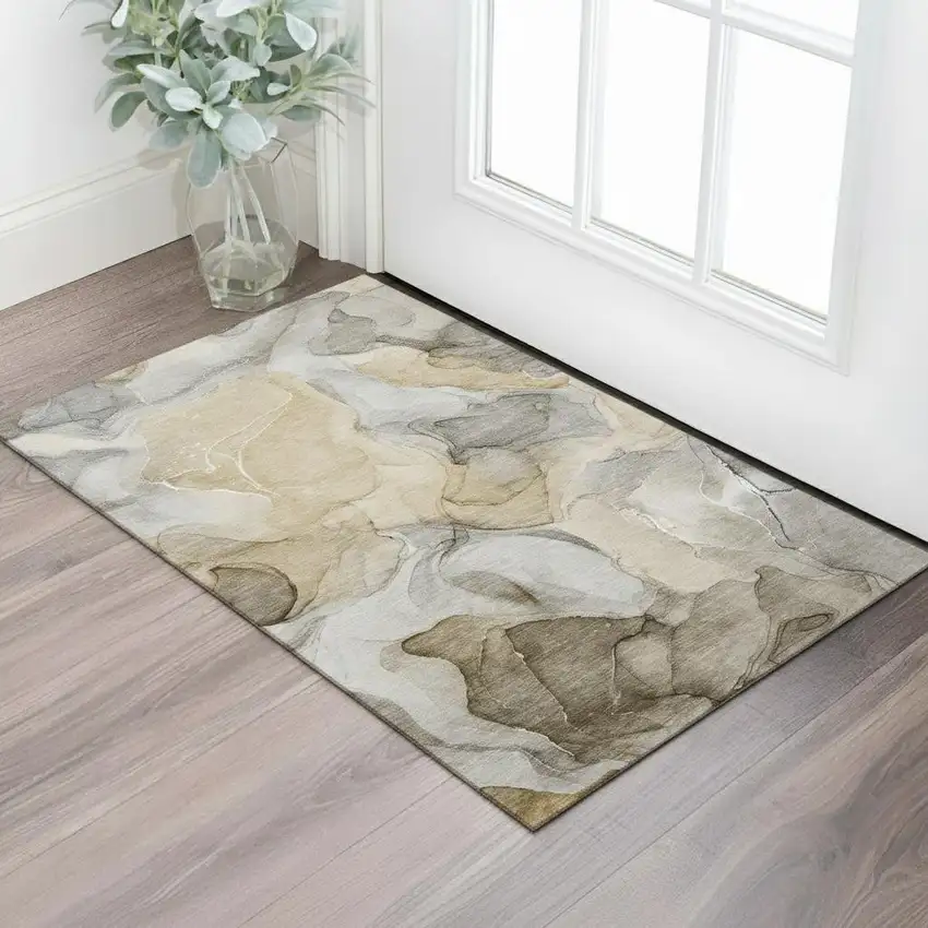 Brown Gray And Ivory Abstract Washable Area Rug With UV Protection Photo 1