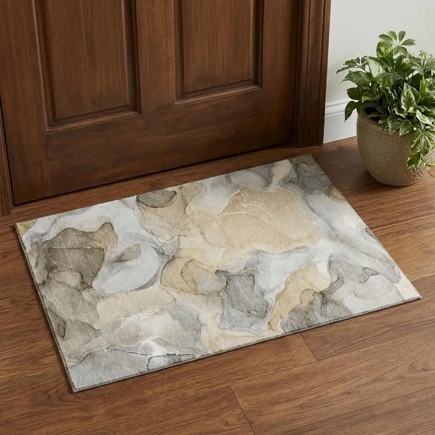 Brown Gray And Ivory Abstract Washable Area Rug With UV Protection Photo 1