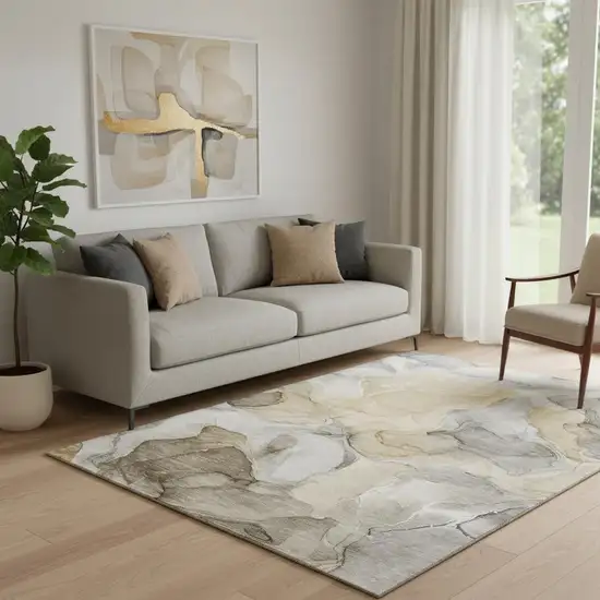 Brown Gray And Ivory Abstract Washable Area Rug With UV Protection Photo 1