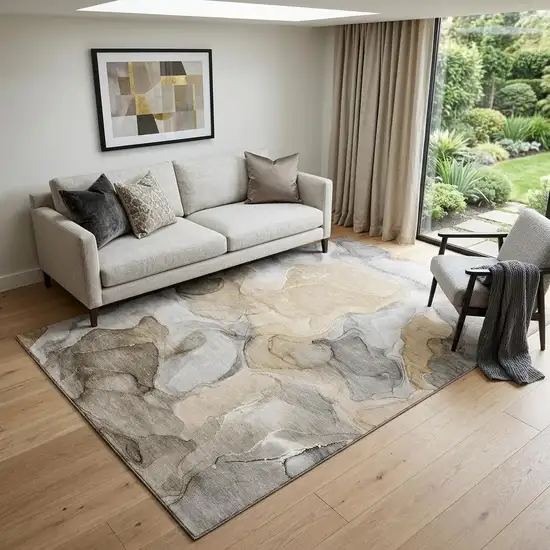 Brown Gray And Ivory Abstract Washable Area Rug With UV Protection Photo 1