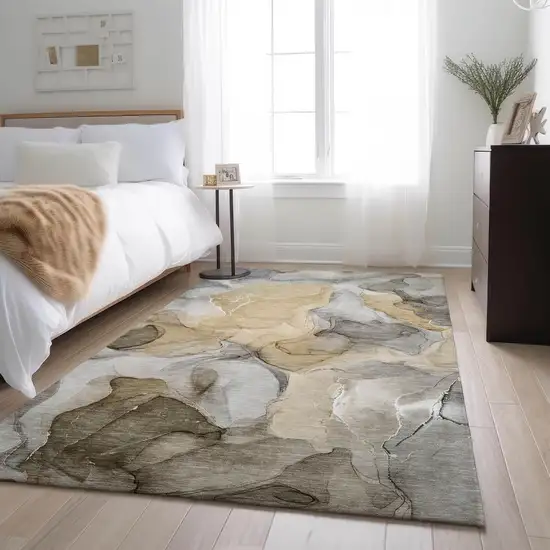 Brown Gray And Ivory Abstract Washable Area Rug With UV Protection Photo 5