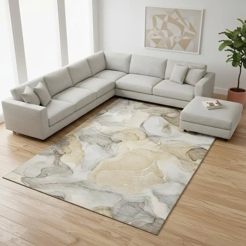 Brown Gray And Ivory Abstract Washable Area Rug With UV Protection Photo 1