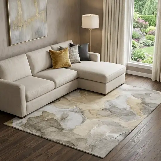Brown Gray And Ivory Abstract Washable Area Rug With UV Protection Photo 1