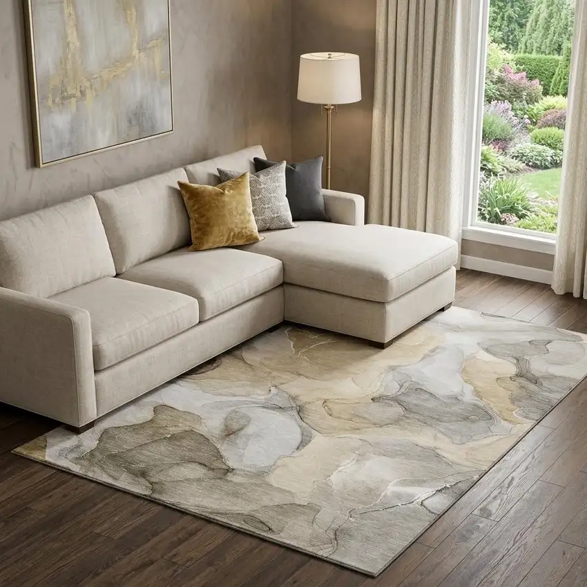 Brown Gray And Ivory Abstract Washable Area Rug With UV Protection Photo 1