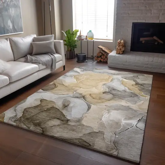 Brown Gray And Ivory Abstract Washable Area Rug With UV Protection Photo 6