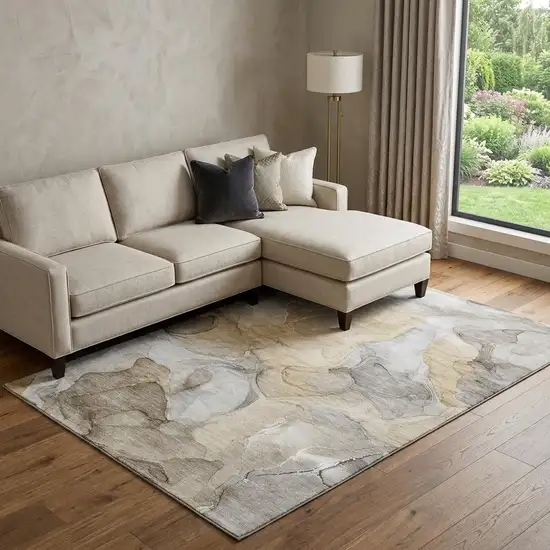 Brown Gray And Ivory Abstract Washable Area Rug With UV Protection Photo 1