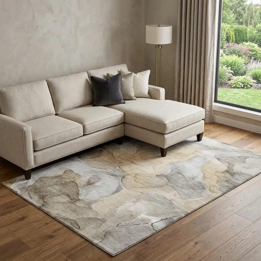 Brown Gray And Ivory Abstract Washable Area Rug With UV Protection Photo 1