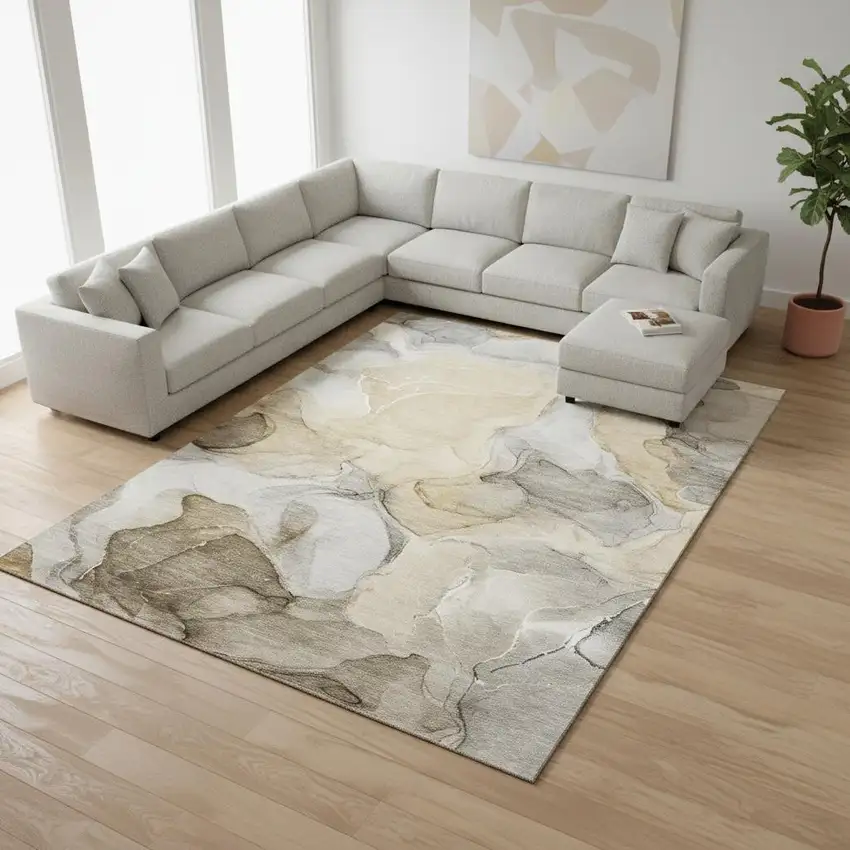 Brown Gray And Ivory Abstract Washable Area Rug With UV Protection Photo 1