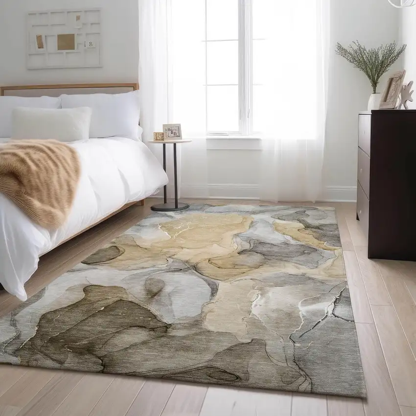 Brown Gray And Ivory Abstract Washable Area Rug With UV Protection Photo 5