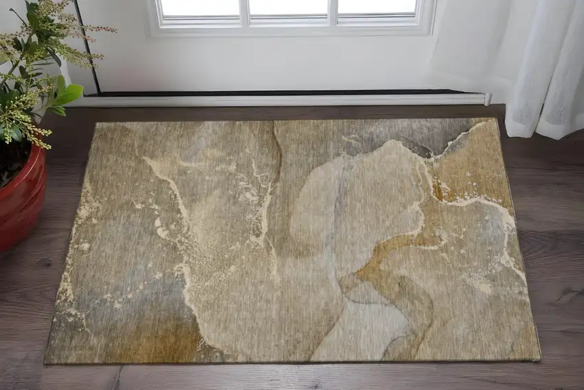 Brown Gray And Ivory Abstract Washable Area Rug With UV Protection Photo 2