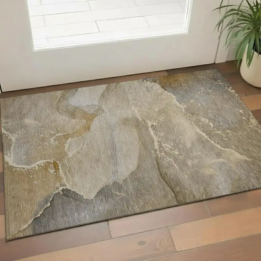 Brown Gray And Ivory Abstract Washable Area Rug With UV Protection Photo 1