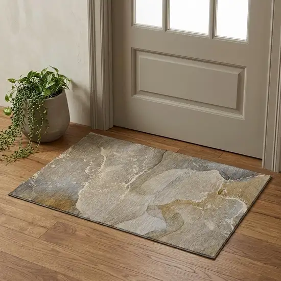 Brown Gray And Ivory Abstract Washable Area Rug With UV Protection Photo 1