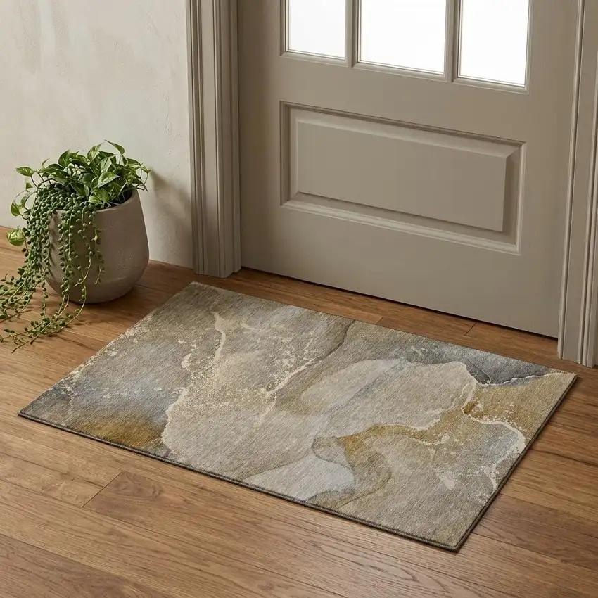 Brown Gray And Ivory Abstract Washable Area Rug With UV Protection Photo 1