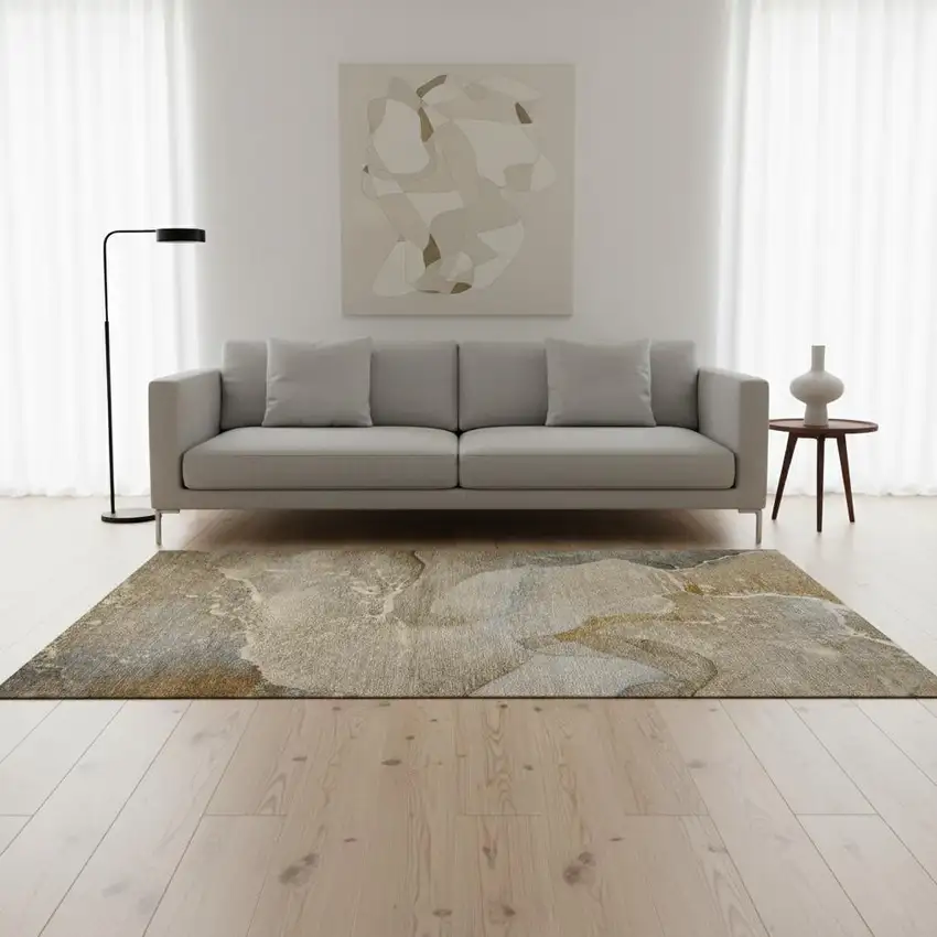 Brown Gray And Ivory Abstract Washable Area Rug With UV Protection Photo 1