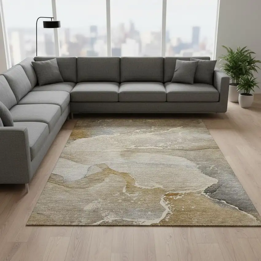 Brown Gray And Ivory Abstract Washable Area Rug With UV Protection Photo 1