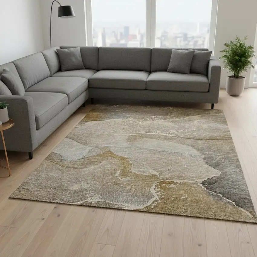 Brown Gray And Ivory Abstract Washable Area Rug With UV Protection Photo 1