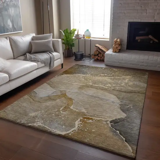 Brown Gray And Ivory Abstract Washable Area Rug With UV Protection Photo 5