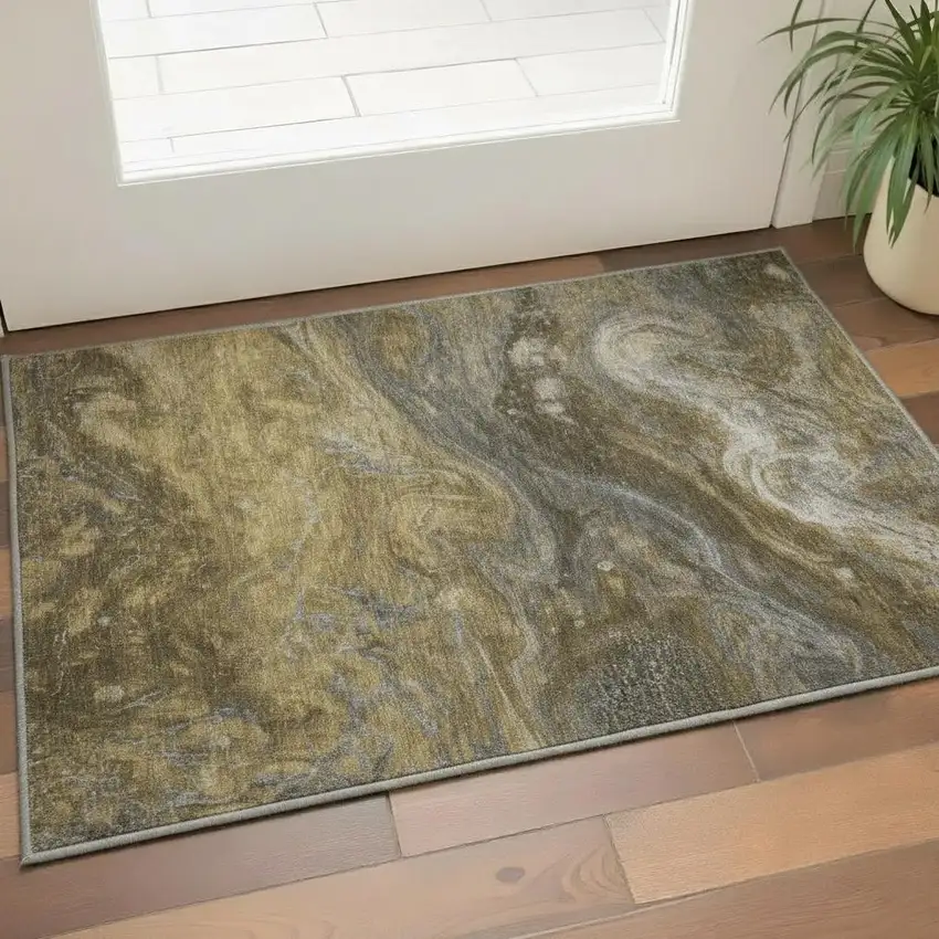 Brown Gray And Ivory Abstract Washable Area Rug With UV Protection Photo 1