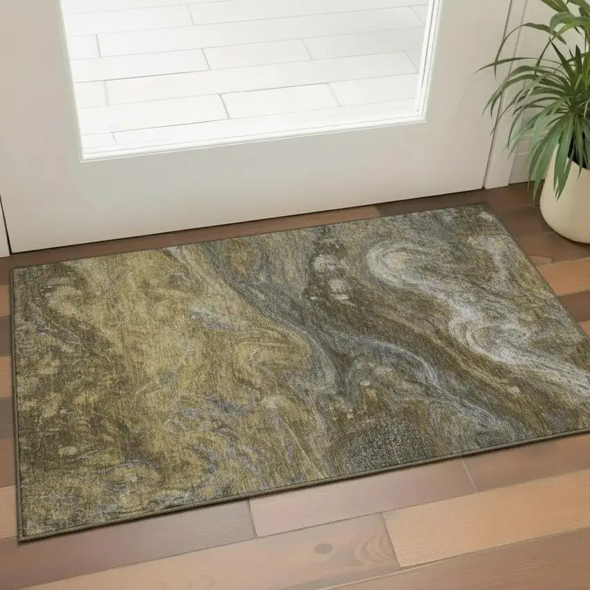 Brown Gray And Ivory Abstract Washable Area Rug With UV Protection Photo 1