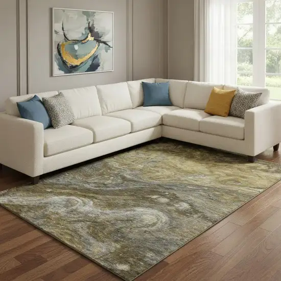 Brown Gray And Ivory Abstract Washable Area Rug With UV Protection Photo 1