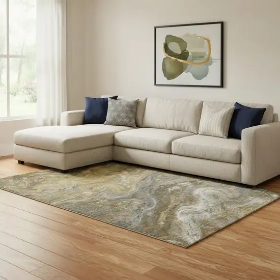 Brown Gray And Ivory Abstract Washable Area Rug With UV Protection Photo 1