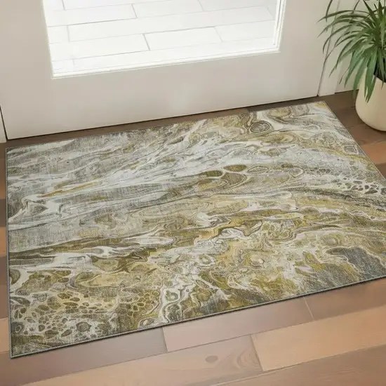 Brown Gray And Ivory Abstract Washable Area Rug With UV Protection Photo 1