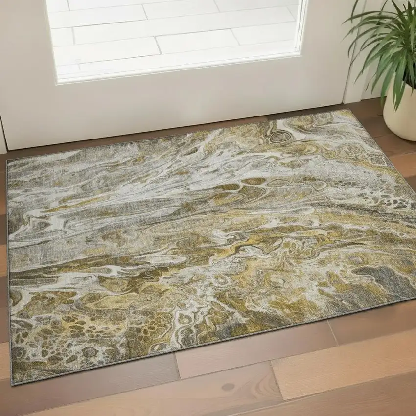 Brown Gray And Ivory Abstract Washable Area Rug With UV Protection Photo 1