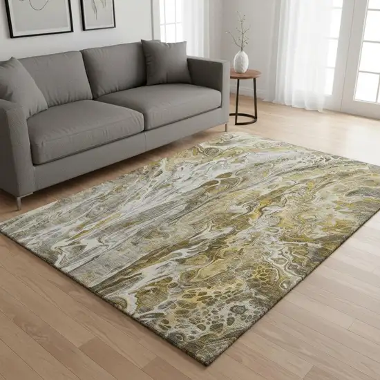 Brown Gray And Ivory Abstract Washable Area Rug With UV Protection Photo 2