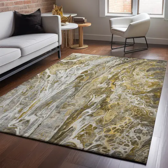 Brown Gray And Ivory Abstract Washable Area Rug With UV Protection Photo 5