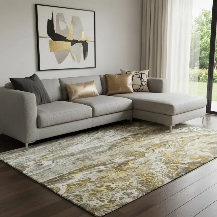 Brown Gray And Ivory Abstract Washable Area Rug With UV Protection Photo 1