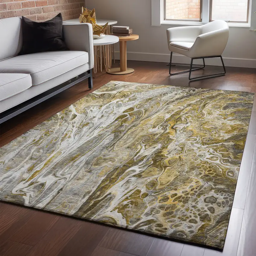 Brown Gray And Ivory Abstract Washable Area Rug With UV Protection Photo 3