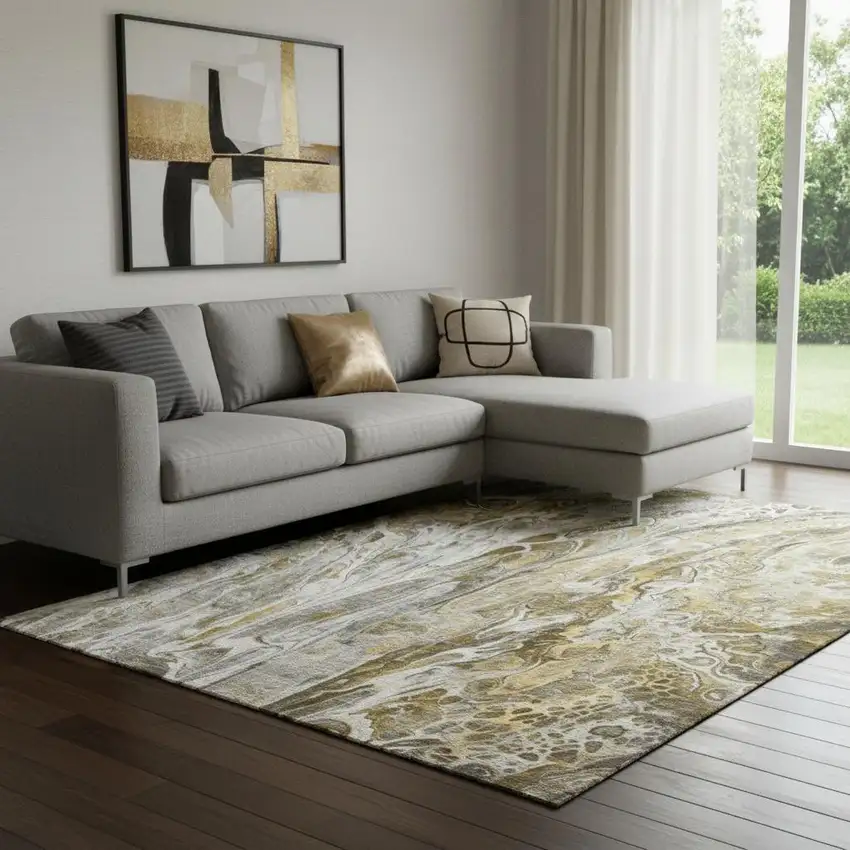 Brown Gray And Ivory Abstract Washable Area Rug With UV Protection Photo 1