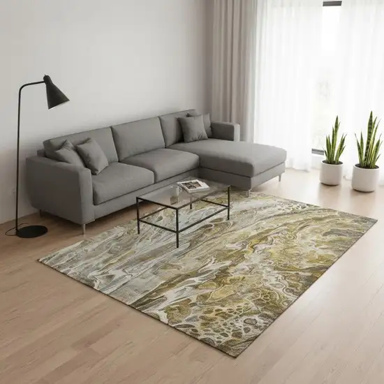 Brown Gray And Ivory Abstract Washable Area Rug With UV Protection Photo 2