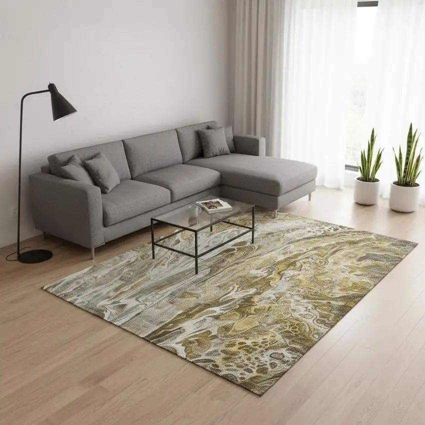 Brown Gray And Ivory Abstract Washable Area Rug With UV Protection Photo 2