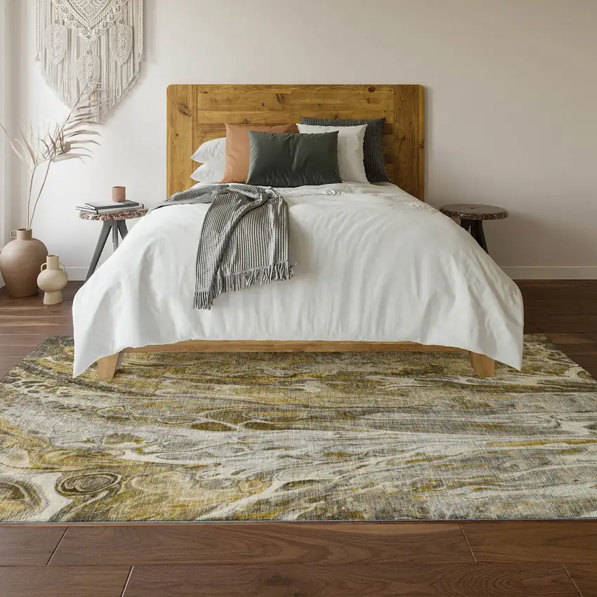 Brown Gray And Ivory Abstract Washable Area Rug With UV Protection Photo 4