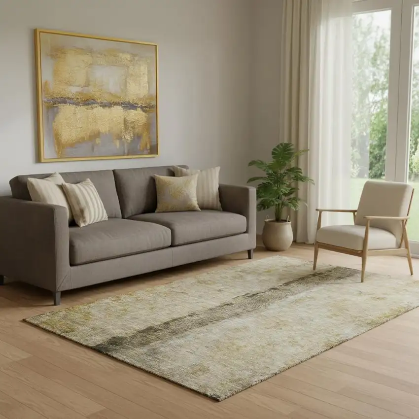 Brown Gray And Ivory Abstract Washable Area Rug With UV Protection Photo 1