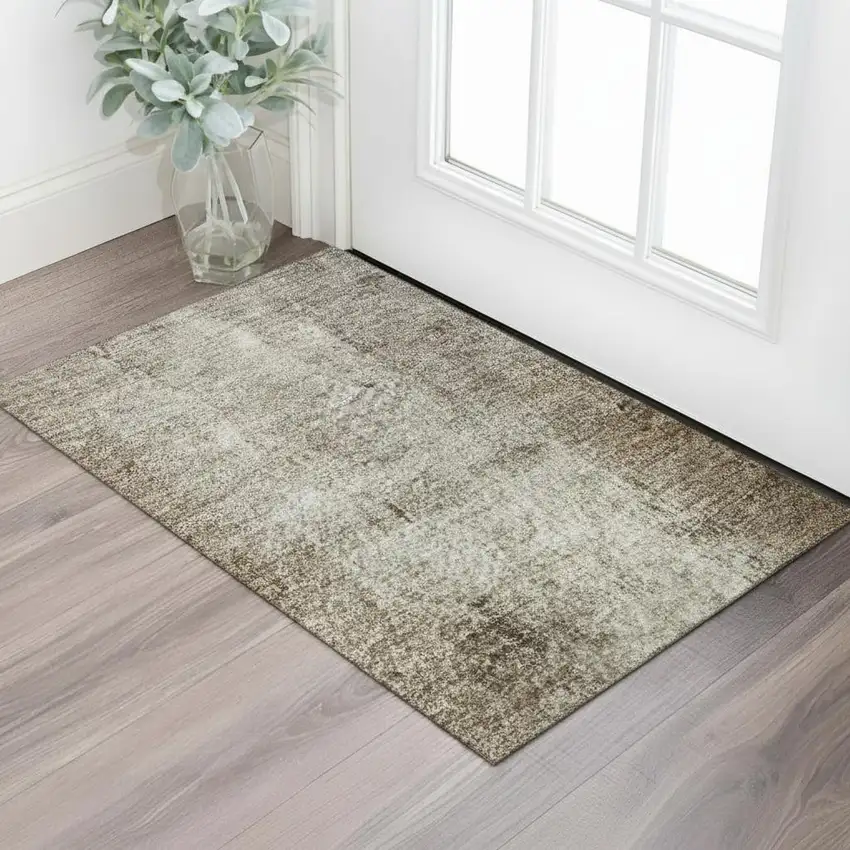 Brown Gray And Ivory Abstract Washable Area Rug With UV Protection Photo 2