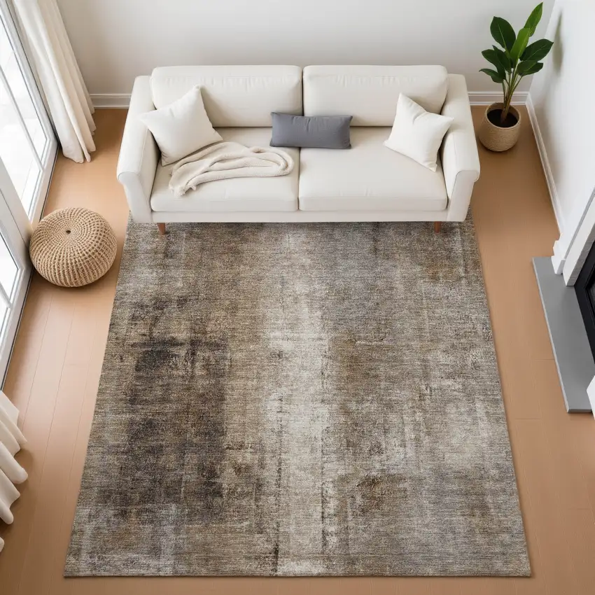 Brown Gray And Ivory Abstract Washable Area Rug With UV Protection Photo 5