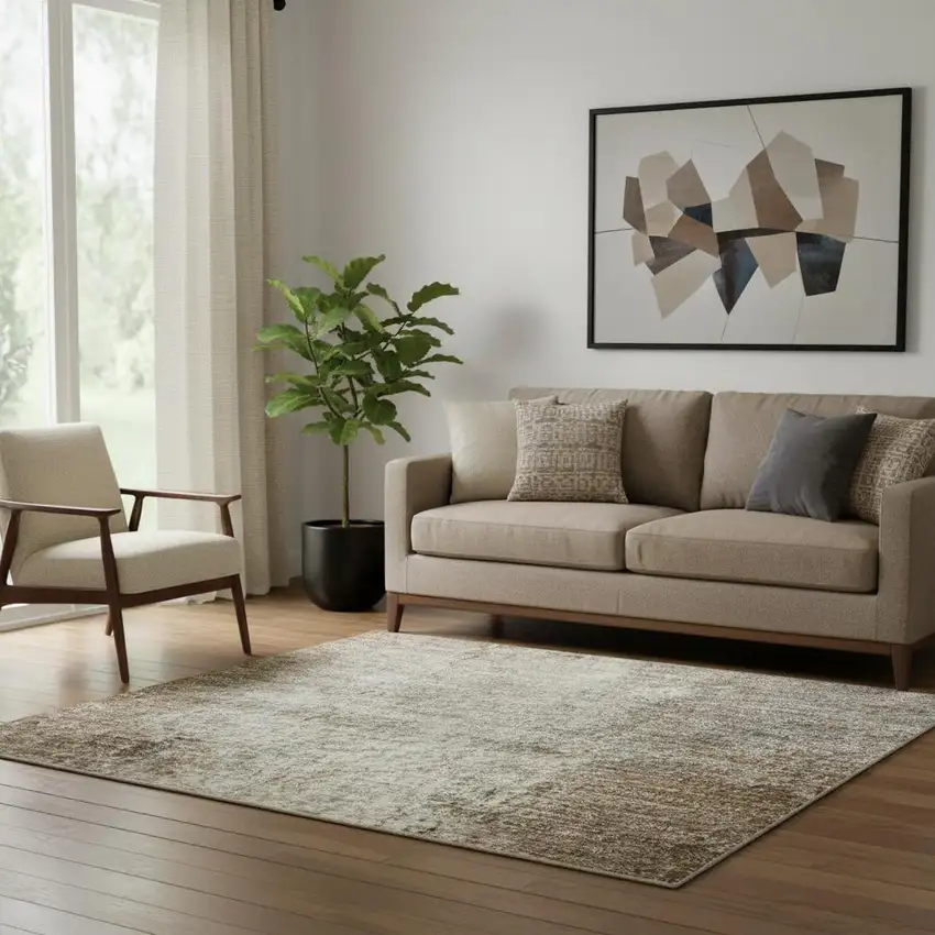 Brown Gray And Ivory Abstract Washable Area Rug With UV Protection Photo 2