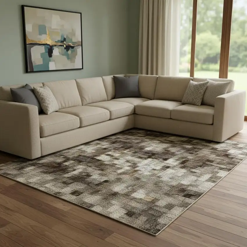 Brown Gray And Ivory Abstract Washable Area Rug With UV Protection Photo 2